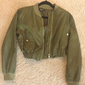 Forest Green Cropped Bomber Jacket